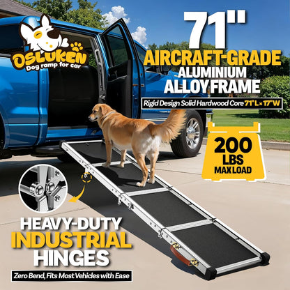 71" Aluminum Alloy Dog Ramp for Car SUV Truck Side Door, Foldable Outdoor Pet Ramp with Heavy Duty Steel Hinges, Non-Slip Traction Surface, Sturdy Ramp for Large Dogs Up to 200 LBS