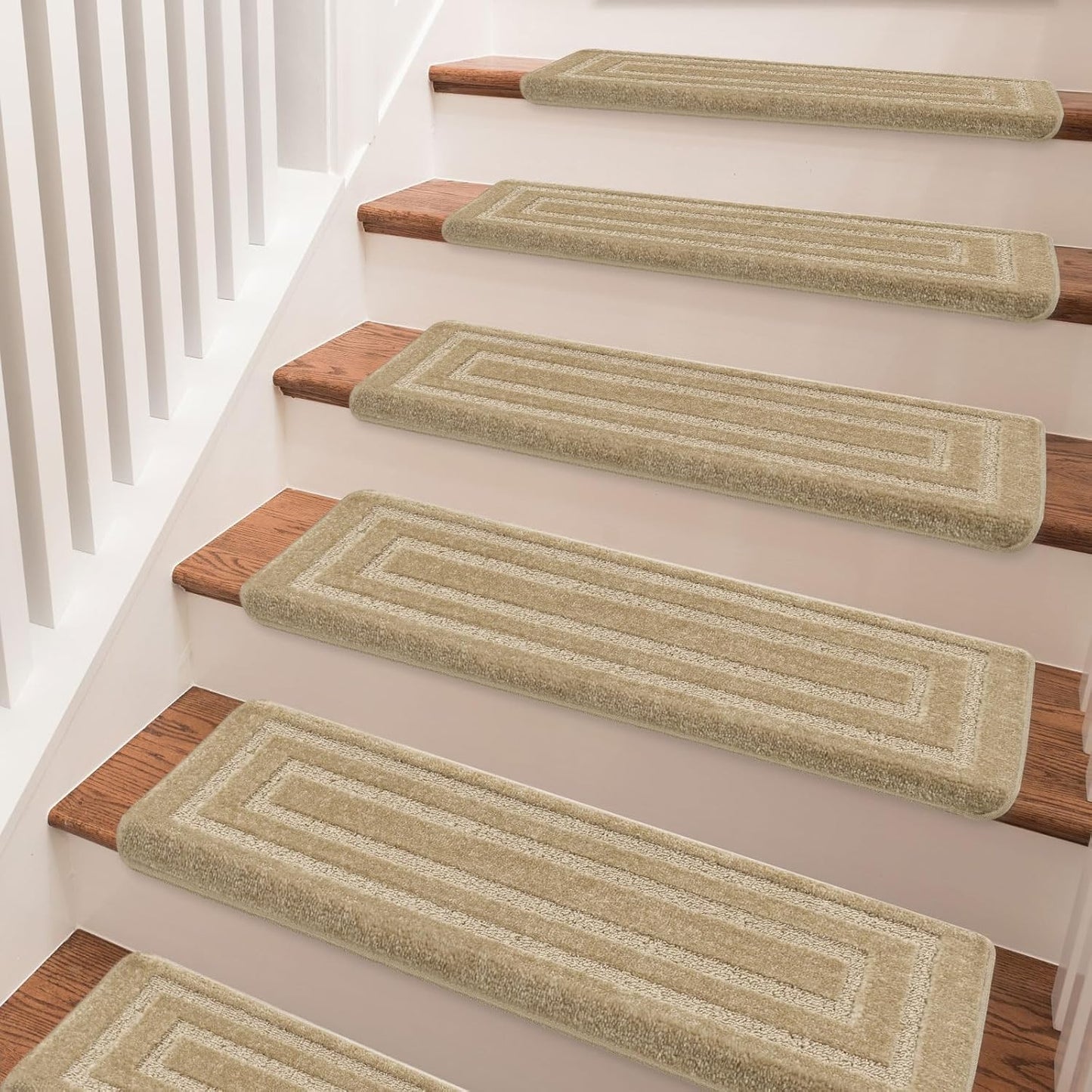 PURE ERA Bullnose Carpet Stair Treads Set Tape Free Non-Slip Indoor Stair Protectors Pet Friendly Rugs Covers Soft Skid Resistant Washable Reusable 9.5" x 30"(14 Pieces,Cream Gray)