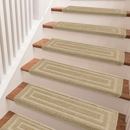PURE ERA Bullnose Carpet Stair Treads Set Tape Free Non-Slip Indoor Stair Protectors Pet Friendly Rugs Covers Soft Skid Resistant Washable Reusable 9.5" x 30"(14 Pieces,Cream Gray)