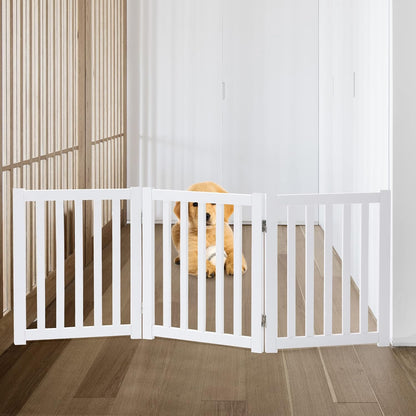 LZRS 2-Panel Wooden Free Standing Foldable Dog Gate Indoor – Solid Hardwood 24" High, Step-Over Safety Pet Gate for Doorways, Stairs & Small Spaces - Indoor Use, White