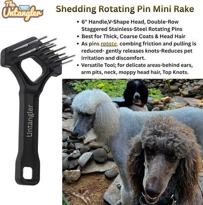 Undercoat Mini-Rakes for Effective Dematting and Grooming Dogs and Cats has V-Shape Head and Double Row, Stainless-Steel Rotating Teeth (Extra-Long Tooth Mini Rake)