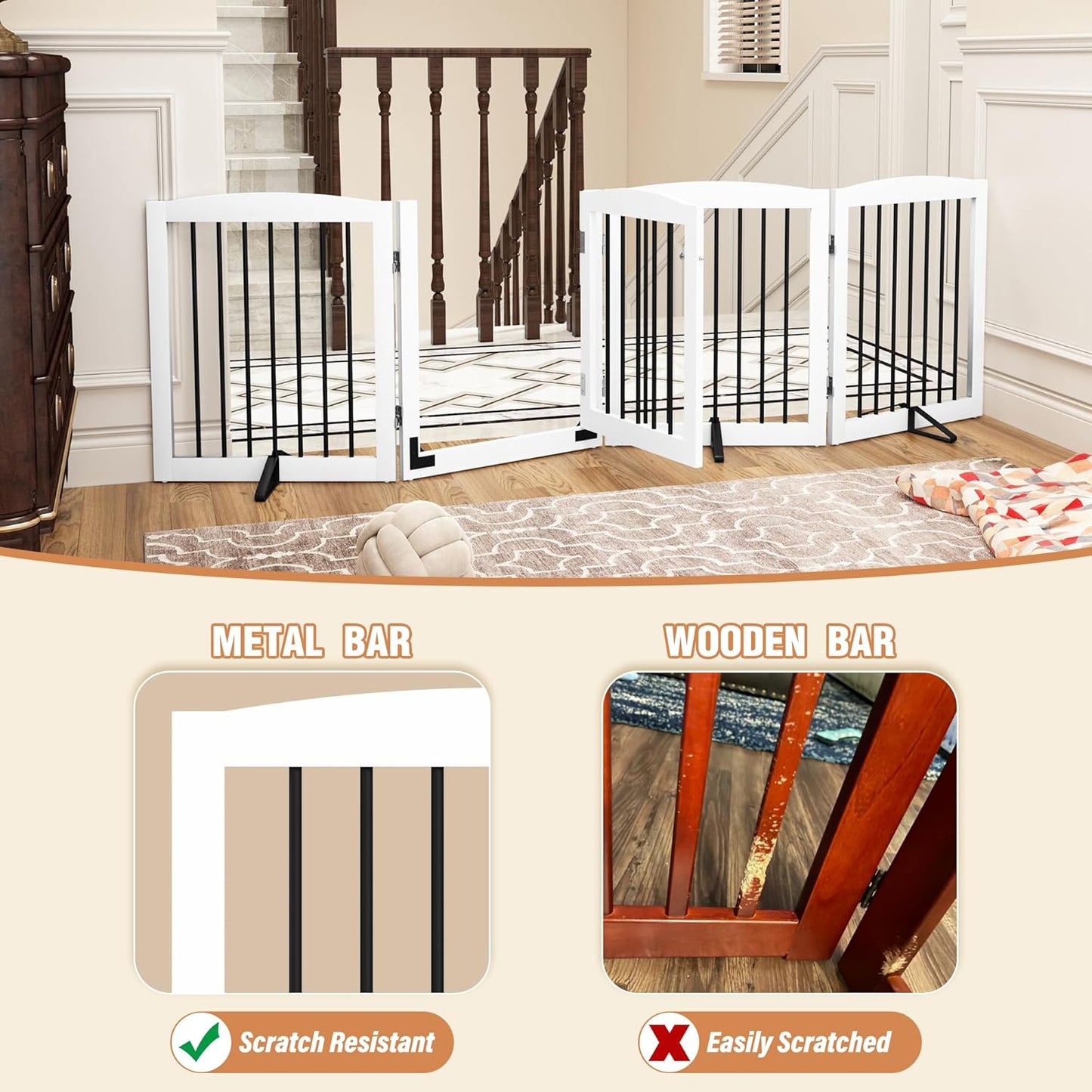 PUPETPO Freestanding Dog Gate with Door, Pet Gate for Stairs, 80 inch Wide Pet Barrier Indoor, Dog Fences Indoor, Support Feet Included, 4 Panels, 24" Tall, Dark Brown