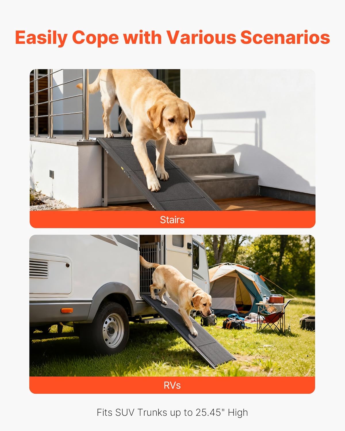 VEVOR Dog Ramp for Cars, 71" L x 20" W, Folding Pet Ramps for Medium & Large Dogs up to 250lbs, Pet Stair Ramp with Non-Slip Oxford Fabric Surface, Portable Outdoor Dog Car Ramps for SUV & Truck
