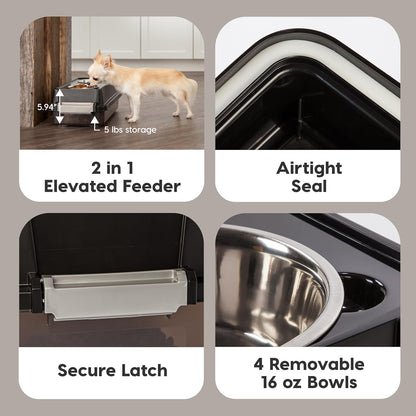 IRIS USA Dog Bowls Elevated with Storage, 15" H Raised Feeding Station, Dog Bowl Stand with Airtight Food Storage Holds 47 lbs, 2 Removable 64 oz Stainless Steel Bowls for Large Dogs, Smoke/Black