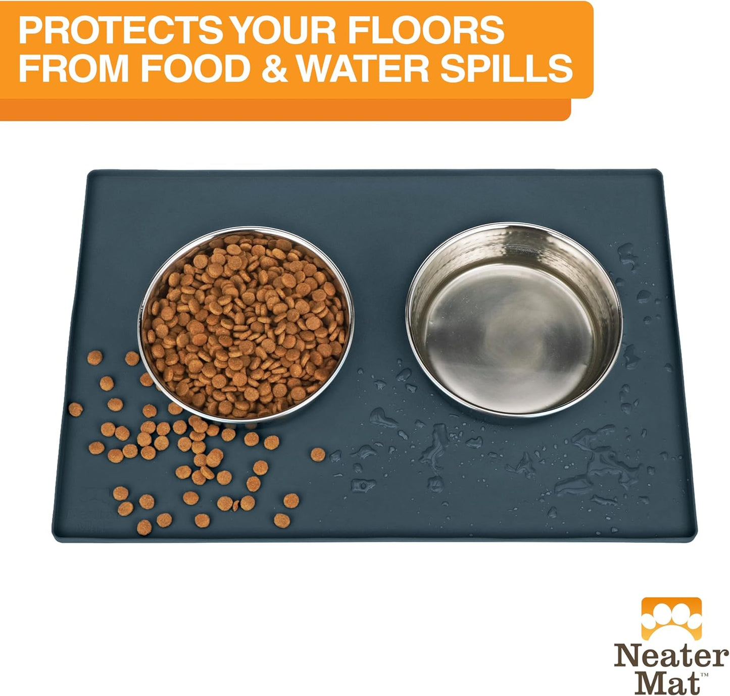 Neater Pet Brands Neater Mat Cat & Dog Food Mat, Waterproof & BPA-Free Silicone Placemat with Raised Edge for Under Food and Water Bowls, 19" x 12", Gunmetal Grey