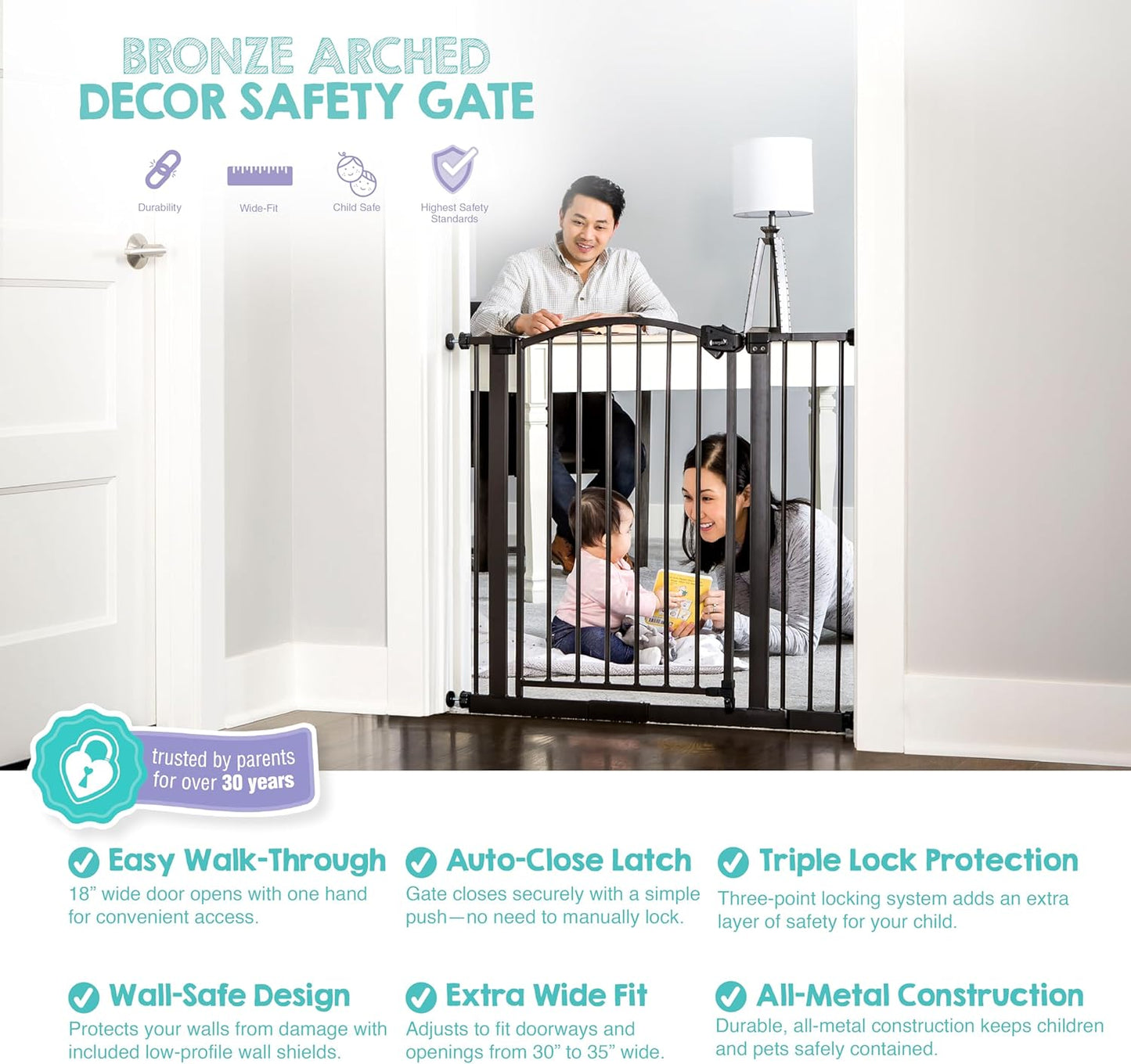 Regalo Safety 30.5-58" Extra Wide Arch Baby Gate with Door, Pressure Mount Walk Through Gate for Doorways & Bottom of Stairs, Babies, Toddlers & Pets, Tested & Safe, American Designed, American Owned