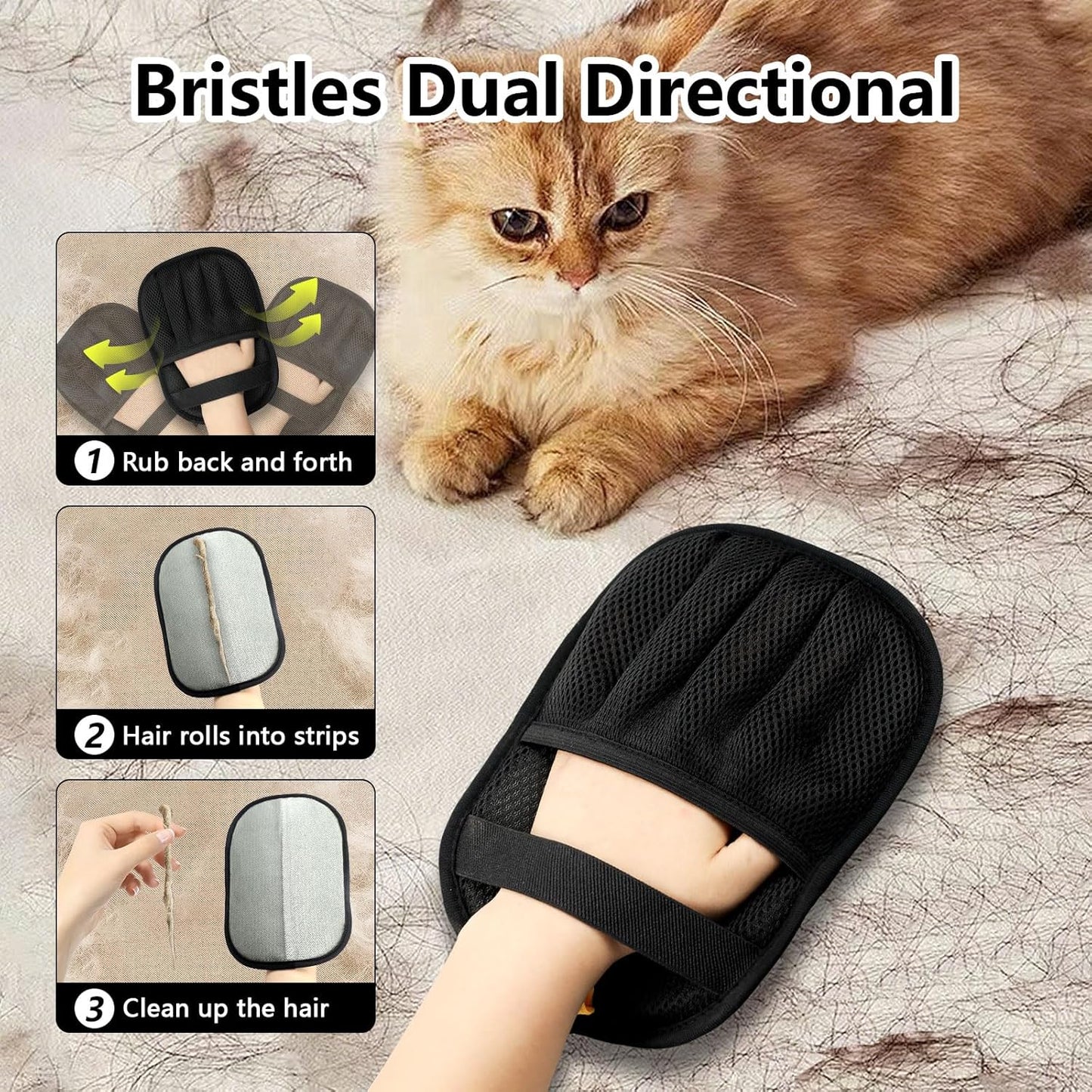 Upgraded Pet Hair Removal Gloves for Cats & Dogs, Five-Finger Electrostatic Reusable Magic Brush for Effortless Pet Hair Remover Tool on Carpet, Clothing, Laundry, Car Seat (Black)