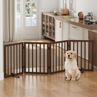 Freestanding Foldable Dog Gate - 4 Panel Room Divider with Metal Support Feet (Black)