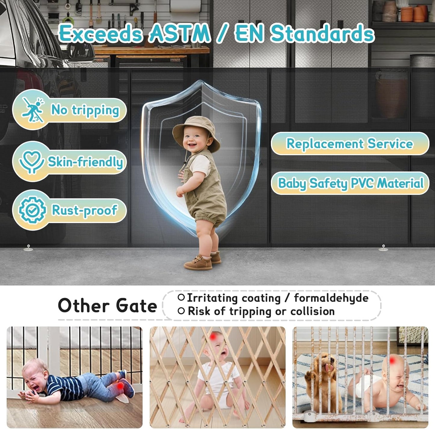 160 Inch Retractable Baby Gates Extra Wide, 42 Inch Extra Tall Retractable Gate, 13 FT Reinforced Retractable Dog Gate with Reinforcement Rod to Prevent Crawling Through, for Doorways, Stairs, Hallway