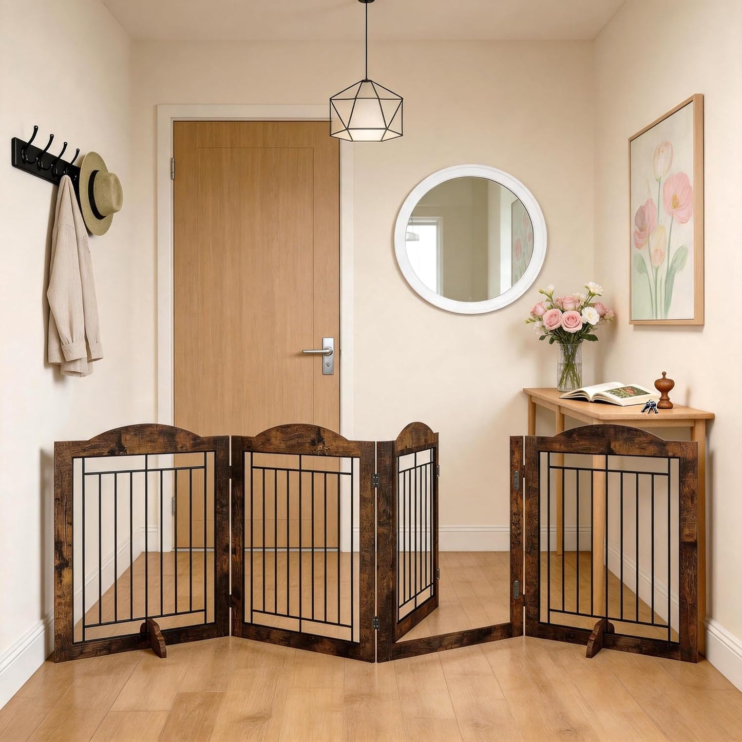 Vantas Espresso Wooden Folding Dog Gate 144" Wide x 30" Tall with Door, Freestanding Pet Gate, Pet Puppy Safety Fence