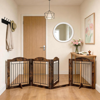 Vantas Espresso Wooden Folding Dog Gate 144" Wide x 30" Tall with Door, Freestanding Pet Gate, Pet Puppy Safety Fence