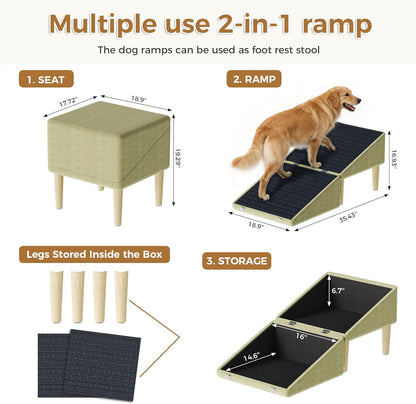 3-in-1 Dog Ramp Pet Stairs 18.9"x17.72"x19.29" with Hidden Storage Ottoman, Anti-Slip Steps for Small, Medium, Large, Senior & Injured Pets, 220LBS for Bed & Sofa, Green