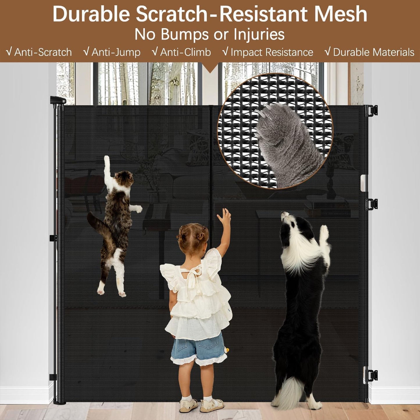 Reinforced 55" Extra Tall Pet Gate for Doorway - No Jumping Over, 55" Wide Retractable Baby Gates with Support Rods - No Crawling Under, Climb Proof Cat Gate for Stairs Tall Retractable Dog Gate/Black