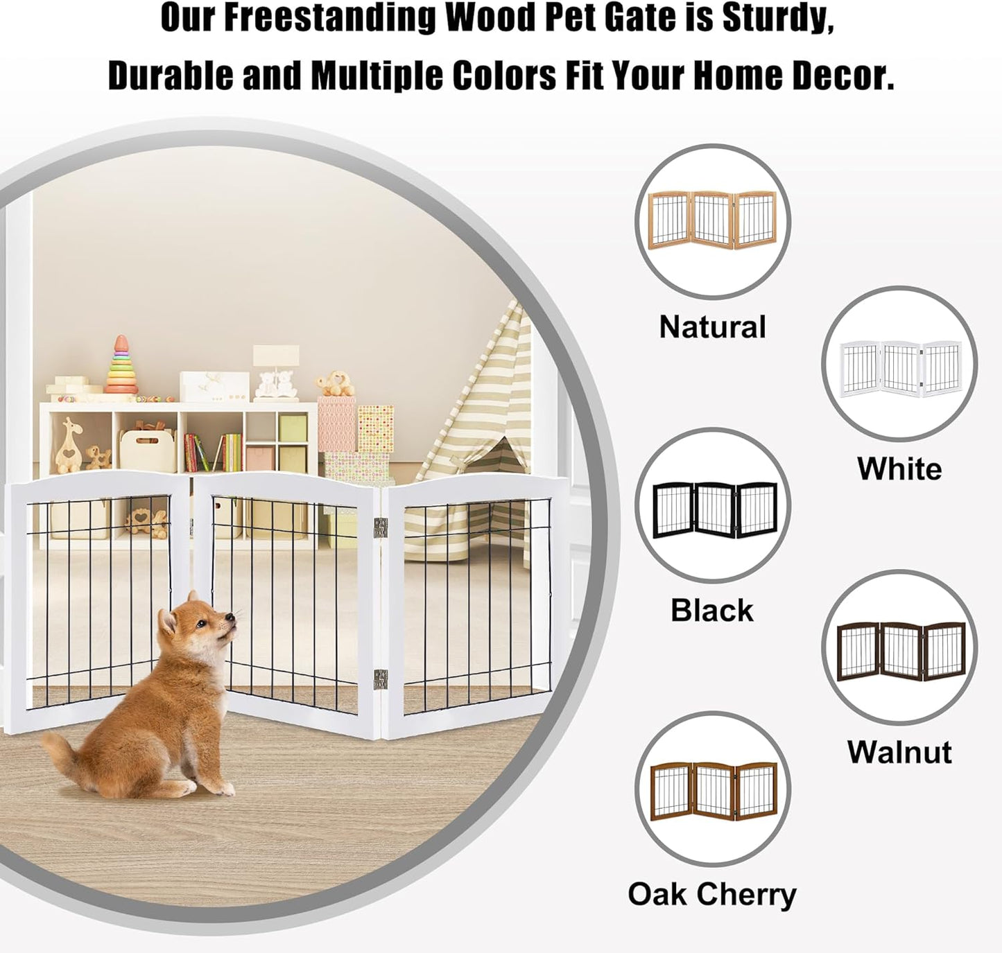 LZRS 2-Panel Freestanding Foldable Wood Dog Gate – Solid Wood & Steel Wire, Chew-Resistant Pet Barrier for Indoor Use, Ideal for Small to Medium Dogs, White
