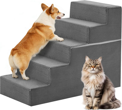 DUMOS Dog Stairs for Small and Medium Dogs, 3-Step Pet Steps with High-Density Foam, Indoor Non-Slip Pet Ramp for Puppy and Older Dogs Cats, Dog Bed Stairs for Couch and Sofa, Grey