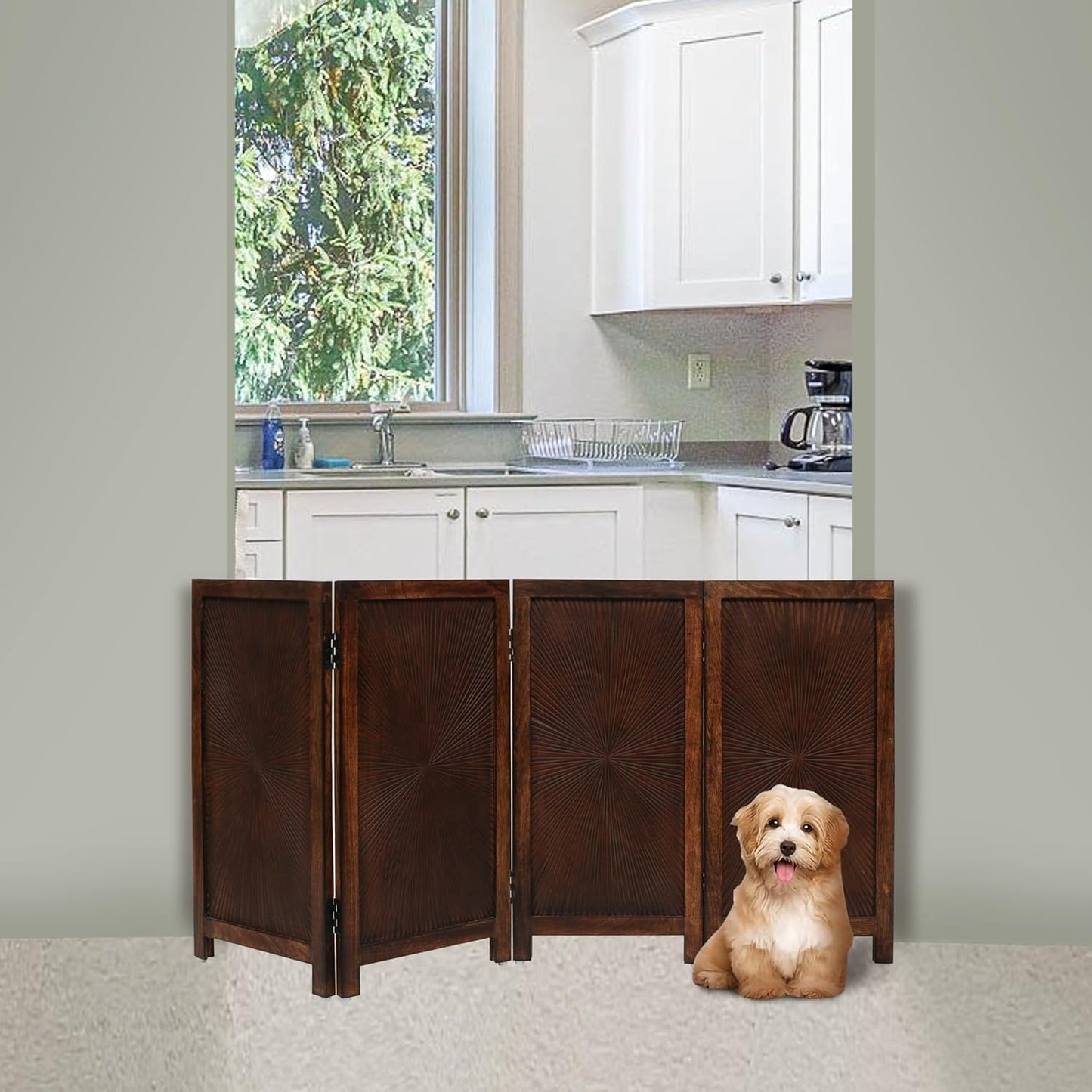 Freestanding Pet Gate for Dogs, Foldable Wooden Dog Gate for House, Indoor Dog Gate for Stair, Doorway, House Design Gates for Dogs Indoor, 72 Inch Wide, (18" x4 Panels 72 inch), Burnt Finish