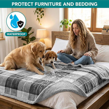 PetAmi Waterproof Dog Blanket for Couch, Large 60x40, Pee Proof Sherpa Fleece Reversible Pet Throw, Furniture Protector for Bed Sofa Kennel, Soft Washable Cover for Medium Dogs Cats, Grey Sherpa