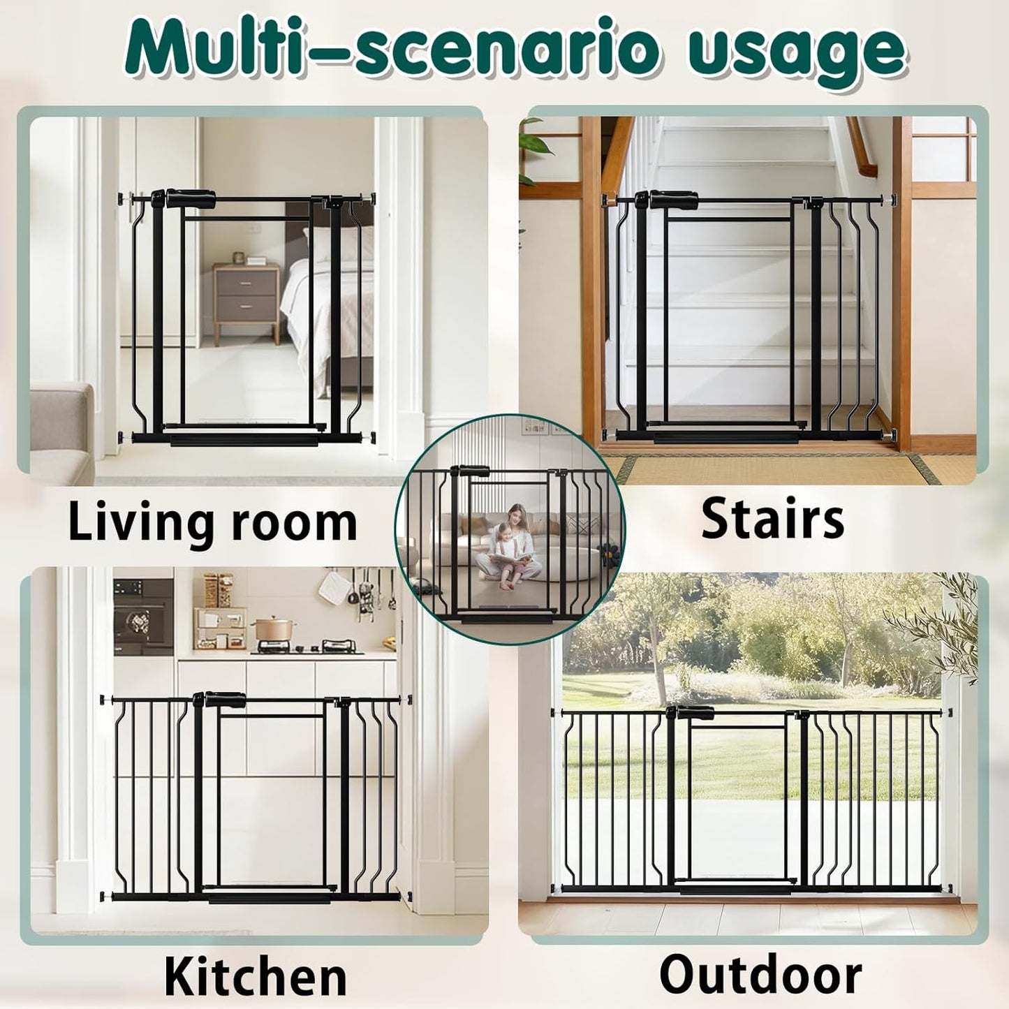 Fairy Baby Triple Lock Clear Baby Gate for Doorways, 57.6”-66.8” Extra Wide Acrylic Dog Gate for Stairs, Safety Child Gate Pressure Mounted No Drill, Auto Close Clear Pet Gate One-Hand Opening, Black