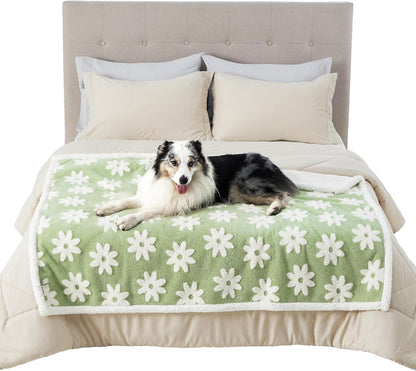 LE SURE Waterproof Dog Blanket for Large Dogs - Washable Double Sided Dog Blankets with Warm Jacquard Shag and Soft Sherpa Fleece, Pet Cat Blanket for Couch Protection, 3D Textured Cloud, Green
