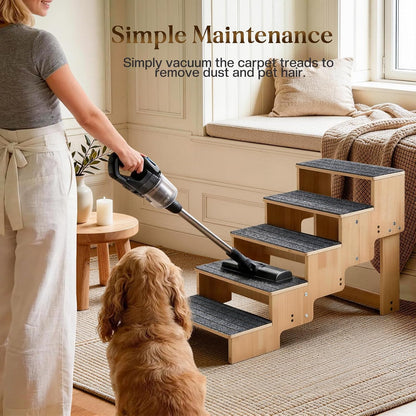 4-Step Wooden Dog Steps for Bed, Anti-Slip Dog Stairs with Carpet Pads, 23.6 Inches Pet Ramp for Dogs to Get on Bed, Pet Stairs for Old & Senior Dogs/Cats, Pet Steps Ladder for High Beds/Couch Sofa
