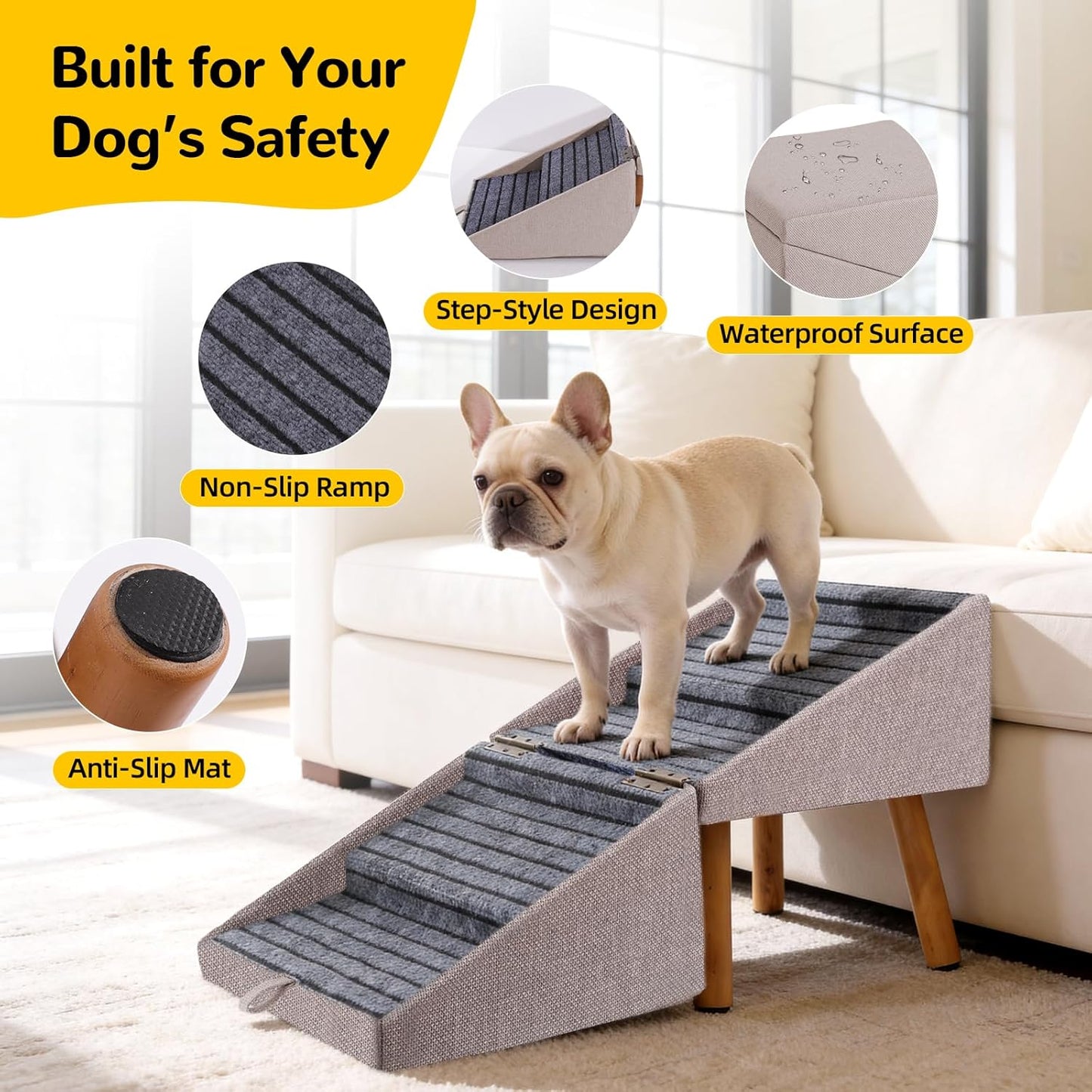 17.13" H Dog Stairs for Small Dogs, 2-in-1 Pet Steps & Ottoman - Foldable Dog Stairs for Couch, Non-Slip Wooden Pet Stairs for Puppy Senior Injured Dogs