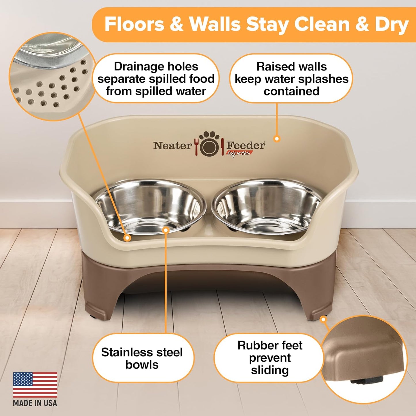 Neater Feeder Express Mess Proof Dog Bowls Elevated for Small Breeds under 15 Lb, Made in USA, No Spill Raised Dog Food Bowl Stand, Stainless Steel Food and Water Bowl Set, Feeding Station, Cappuccino