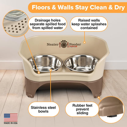 Neater Feeder Express Mess Proof Dog Bowls Elevated for Small Breeds under 15 Lb, Made in USA, No Spill Raised Dog Food Bowl Stand, Stainless Steel Food and Water Bowl Set, Feeding Station, Cappuccino