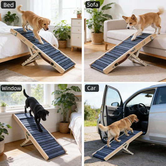 ZJSF Foldable Wooden Dog Ramp for High Bed, Dog Stairs for Small Dogs, High Traction Platform with 4 Adjustable Heights (14"-19.7"), 33", Supports up to 70 lbs