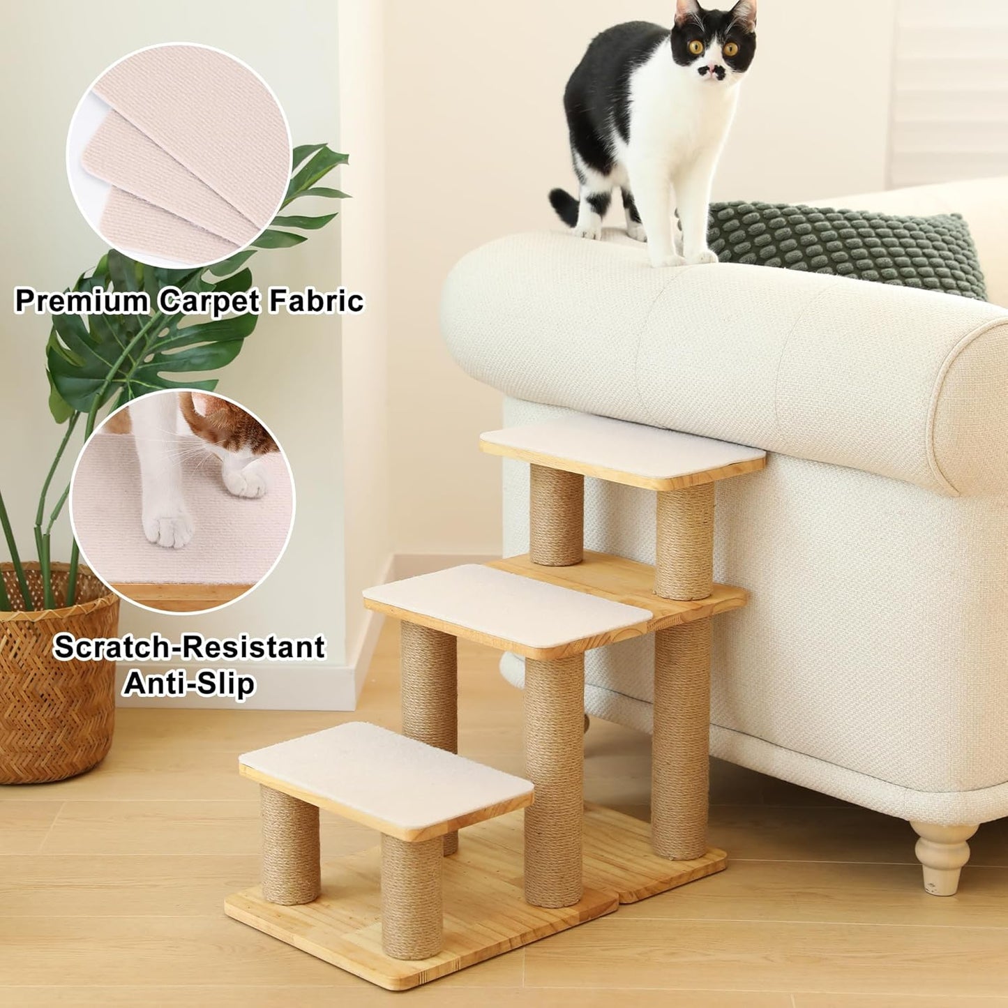 FUKUMARU 3-in-1 Pet Stairs, Retro-style Dog Steps for Cats and Small Dogs, Wooden Cat Stairs for High Bed with Scratching Post, Dog Ramp for Couch with Cat Condo Cave, Easy to Clean & Aesthetic Design
