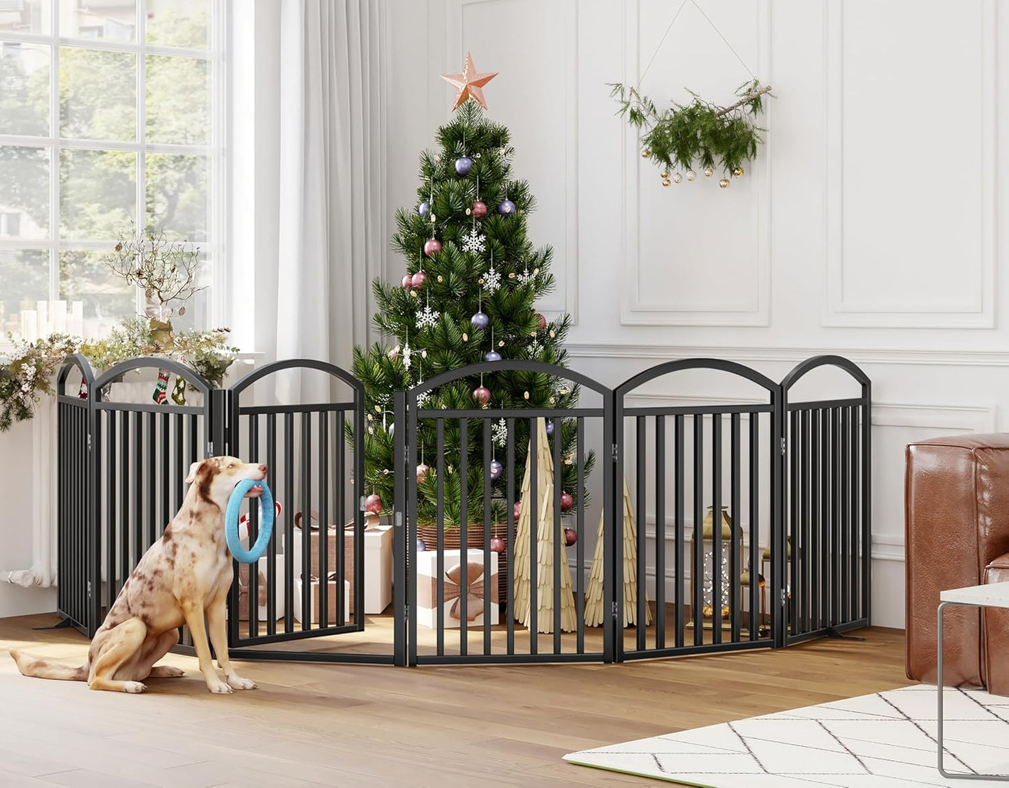 Folding No-Assembly Freestanding Dog Gate with Door,32" Heights Foldable Pet Fence,144" Extra Wide Accordion Puppy Folding Playpen for Doorways,House,Stairs (6 Panels,White)