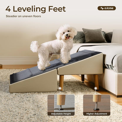 2 in 1 Ottoman Dog Ramp, Split Pet Stairs Footstool for Couch, Folding Dog Ramp Stool with 6 Anti Slip Wooden Rails, Fabric Surface, 4 Leveling Feet, 150 lb Capacity, Easy Clean Faux Leather