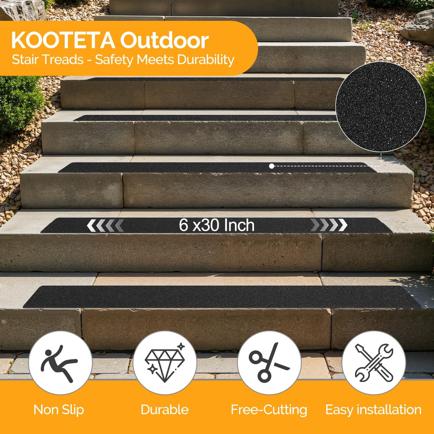 Outdoor Stair Treads Non Slip for Wooden Steps 6" x 30" - 15 Pack Weather Resistant Exterior Grip Tape, Non Slip Stair Treads, Anti Skid Strips, Waterproof 80-Grit High Traction Adhesive Treads, Black