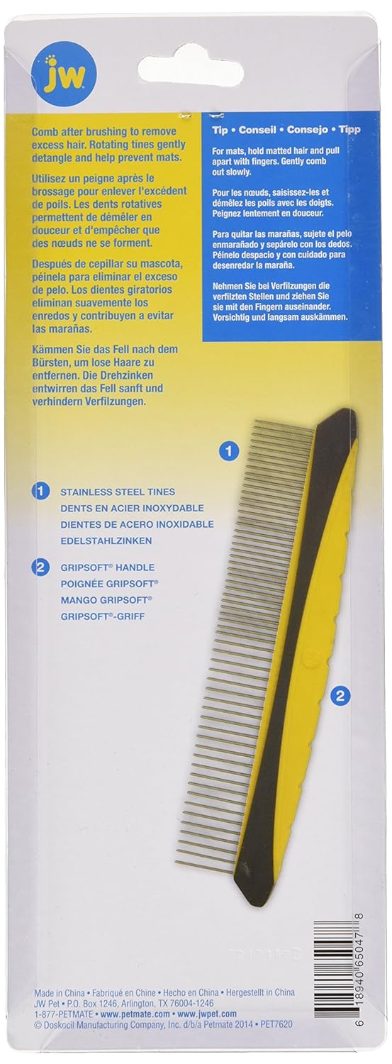 JW Pet Company 8-Inch Gripsoft Rotating Comfort Comb, Fine and Coarse,Gray/Yellow