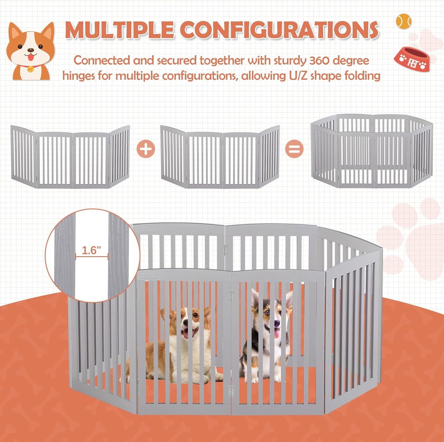 Freestanding Pet Dog Gate 36 Inch Foldable Fence Indoor 3 Panel Extra Wide Wooden Dog Door for Stairs Hallways Doorways