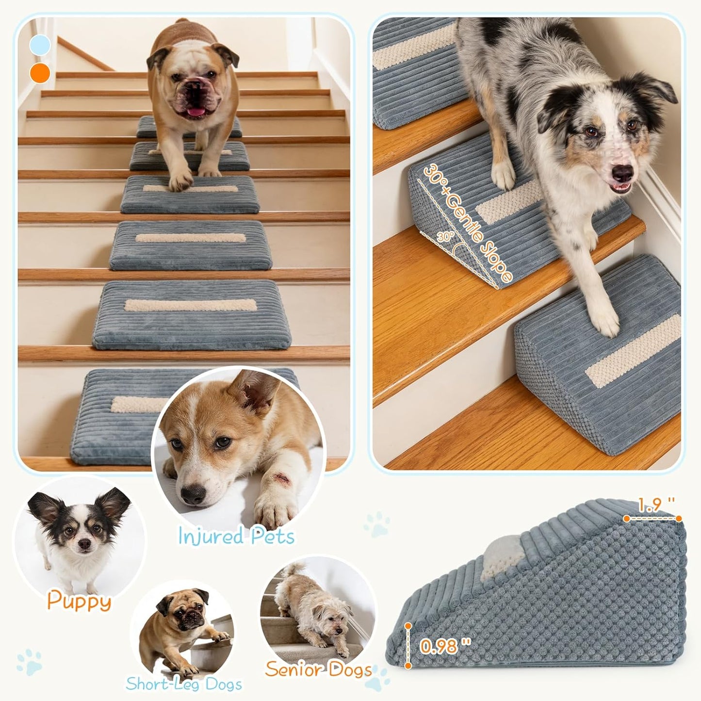 3-Pack Dog Ramp for Stairs, 40D Dog Stair Ramp, Pet Ramp for Stairs for Small & Senior Dog Stairs Ramp for Injured Dogs with Anti Slip Strip, 13.7 x 9.8 x 4.7 in,Gentle Slope Pet Safe, Washable Cover