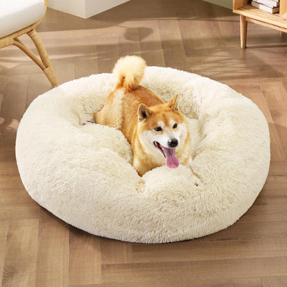Bedsure Calming Dog Bed Medium Size Dog - Donut Washable Medium Pet Bed, 30 inches Anti-Slip Round Fluffy Plush Faux Fur Cat Bed, Fits up to 45 lbs Pets, Camel