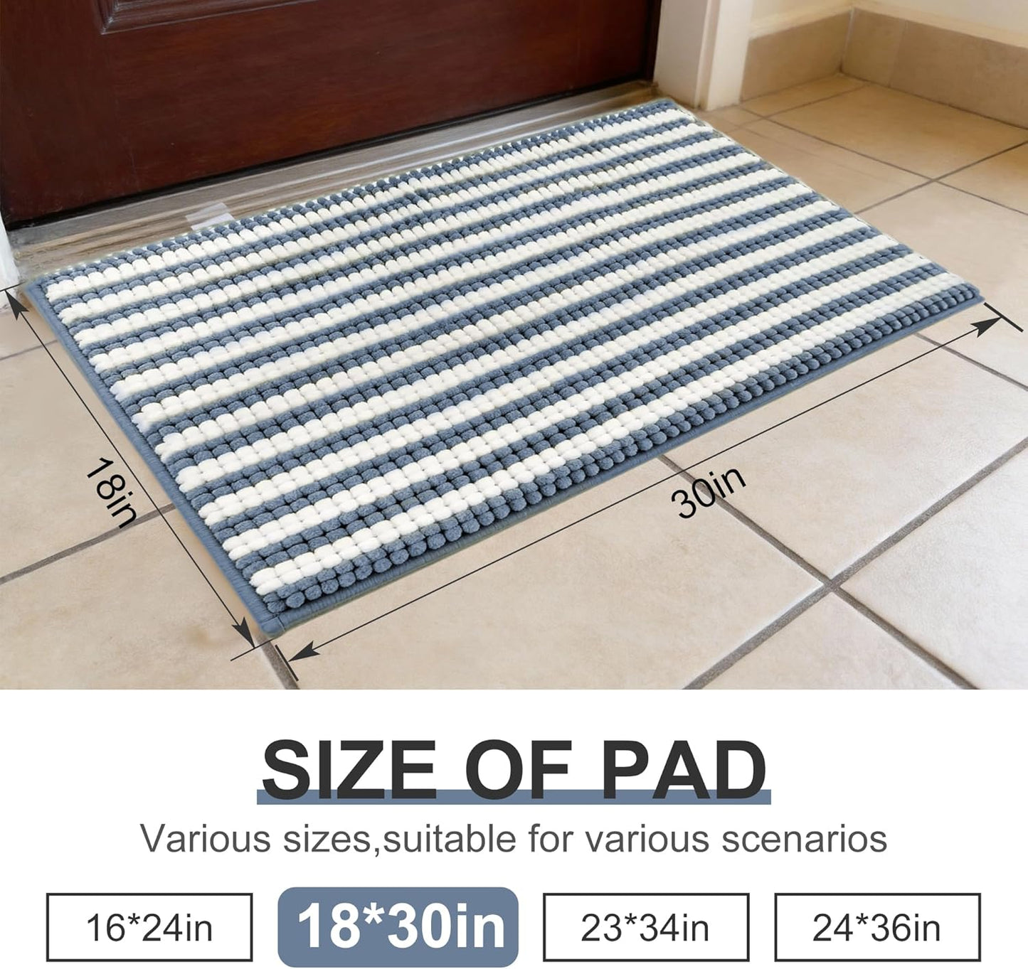 pobopobo Dog Door Mat for Muddy Paws - Absorbent & Washable Chenille Rug, Non-Slip Dirt Trapper for Indoor Outdoor Entryway, Quick Dry Pet Mat for Muddy Dogs (Striped Gray-Blue&White, 24" x 16")