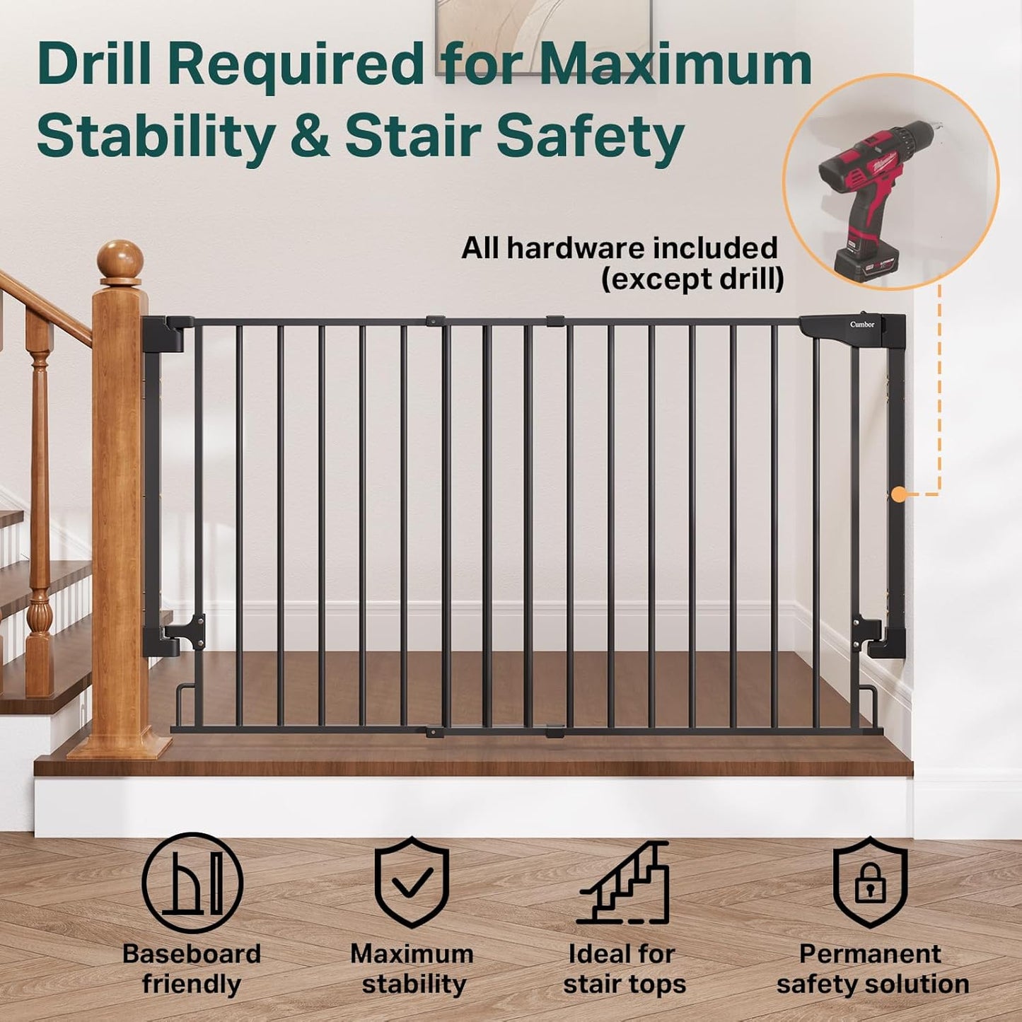 Cumbor 29.2–43" Baby Gate for Stairs, Hardware Mounted (Drill Required), Expandable No Bottom Bar Dog Gate, Auto Close Extra Wide Walk Thru, Pet & Toddler Proof Gate, Top & Bottom of Stairways(Black)