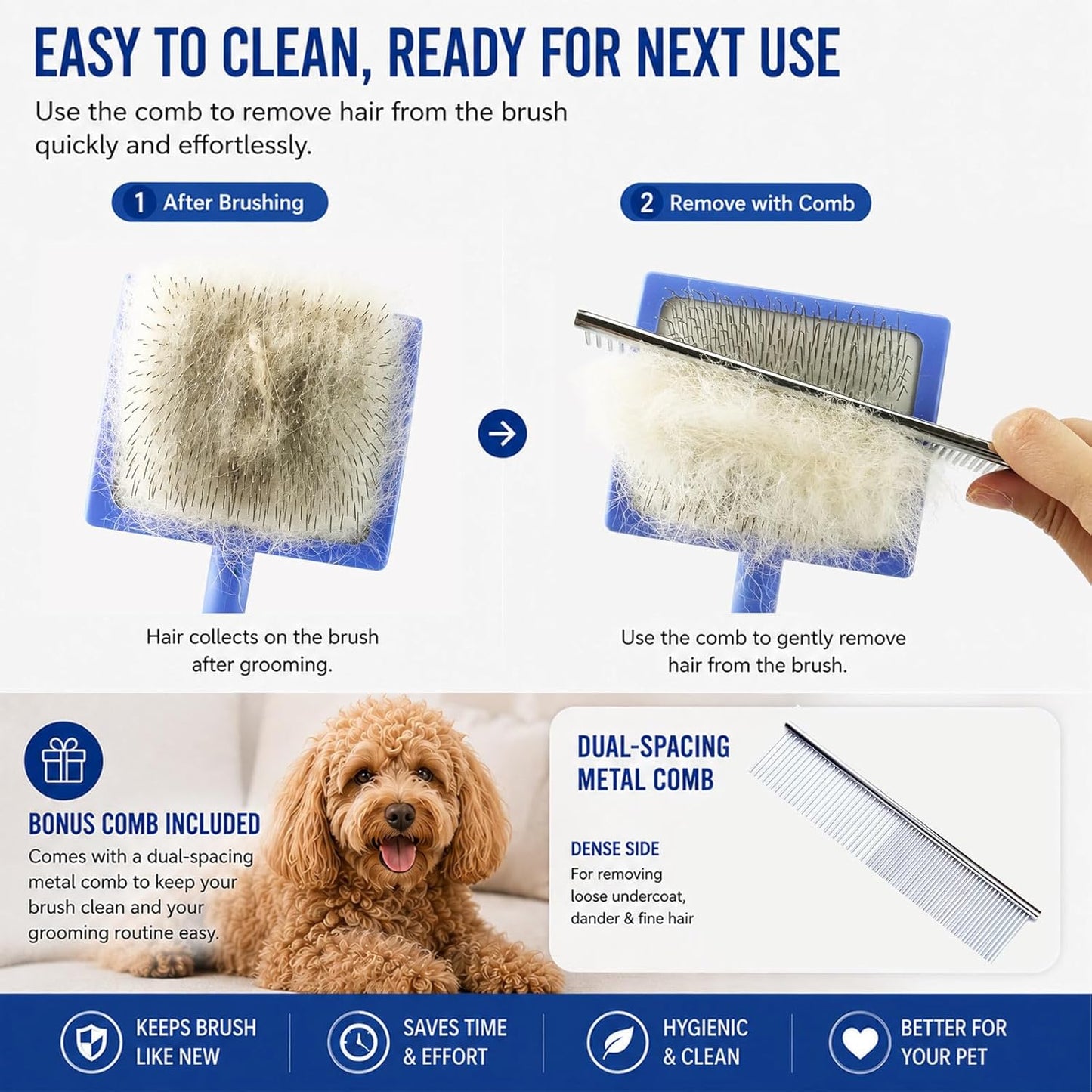 3PCS Slicker Brush for Dogs Set, 2 Professional Dog Grooming Brushes with 1 Stainless Steel Comb for Goldendoodles, Poodles & Labradoodles, Removes Mats, Knots & Loose Hair (Large, Blue&Blue)