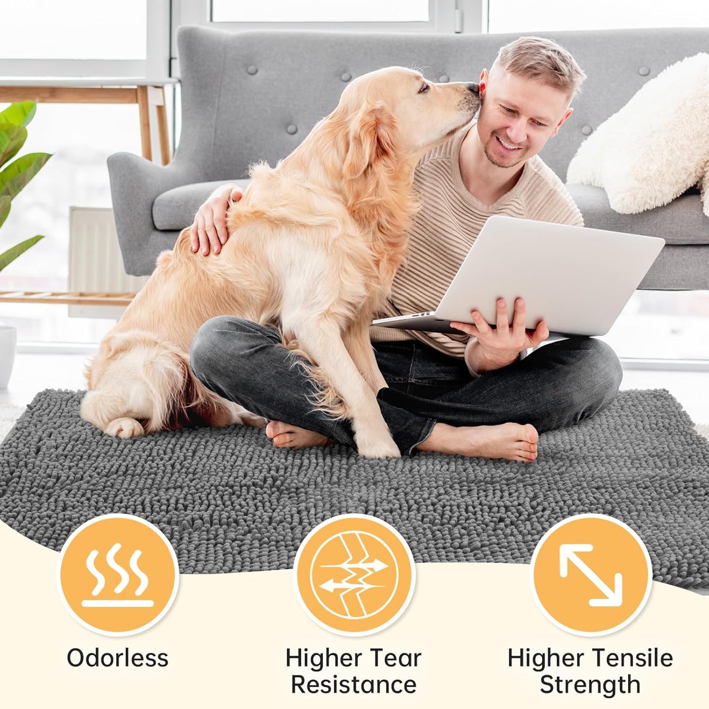 Absorbent Dog Door Mat for Muddy Paws, 60" x 24" Chenille Indoor Mats for Entryway, Trap Dirt Front Door Mat Indoor Entrance Washable Non Slip Soft