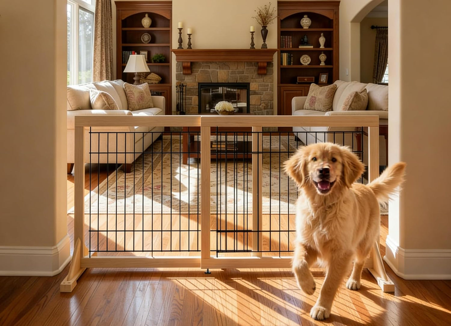 Extra Wide Freestanding Dog Gate, Adjustable Width 31.5"–61", 19.7" Tall Indoor Pet Gate for Kitchen, Living Room & Stairs, Wooden Metal Frame No-Drill Pet Barrier