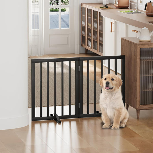 Freestanding Foldable Dog Gate - 4 Panel Room Divider with Metal Support Feet (Black)