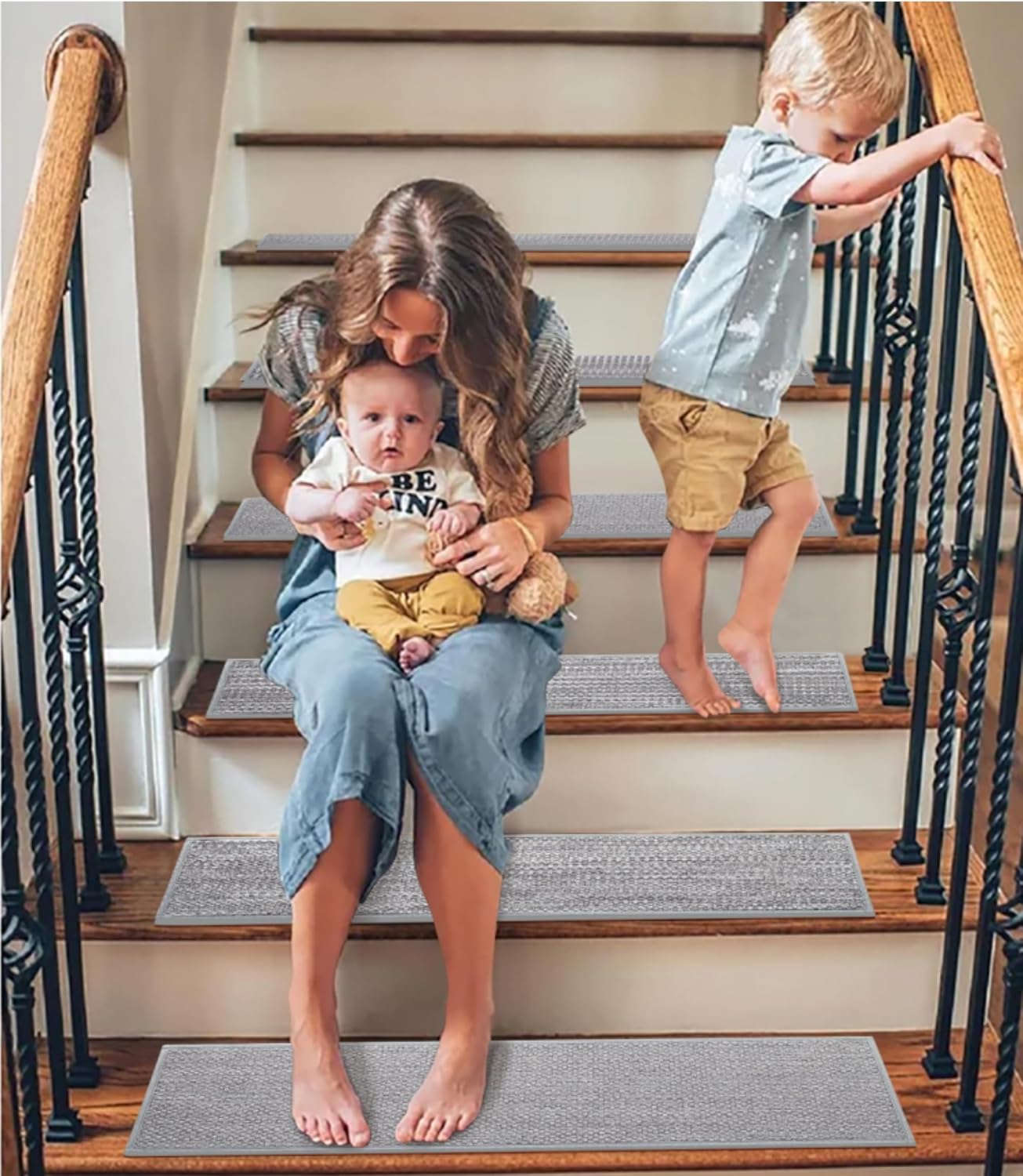 GROWLING Linen Stair Treads for Wooden Steps Indoor 30x8 inch, 15pcs Upgraded Self Adhesive Backing Non Slip Stair Carpets, Peel and Stick Stair Runner Rugs, Reusable Staircase Step Treads(Brown)