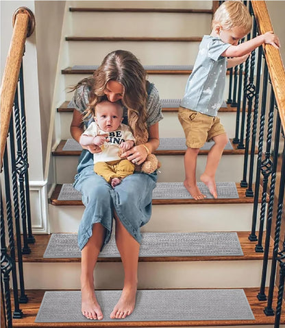 GROWLING Linen Stair Treads for Wooden Steps Indoor 30x8 inch, 15pcs Upgraded Self Adhesive Backing Non Slip Stair Carpets, Peel and Stick Stair Runner Rugs, Reusable Staircase Step Treads(Brown)