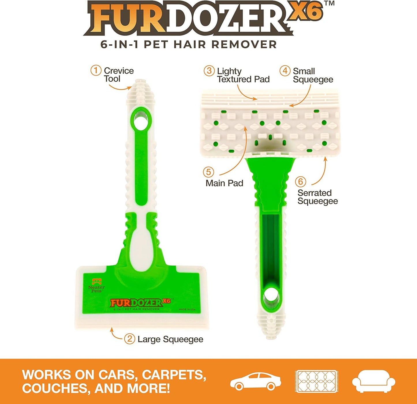 FurDozer Pet Hair Remover & Auto Detailing Tools - Cat & Dog Hair Remover for Carpets, Car Interiors, Couches, Bedding, & Pet Furniture (Gray, X3 PRO - 5" Long)