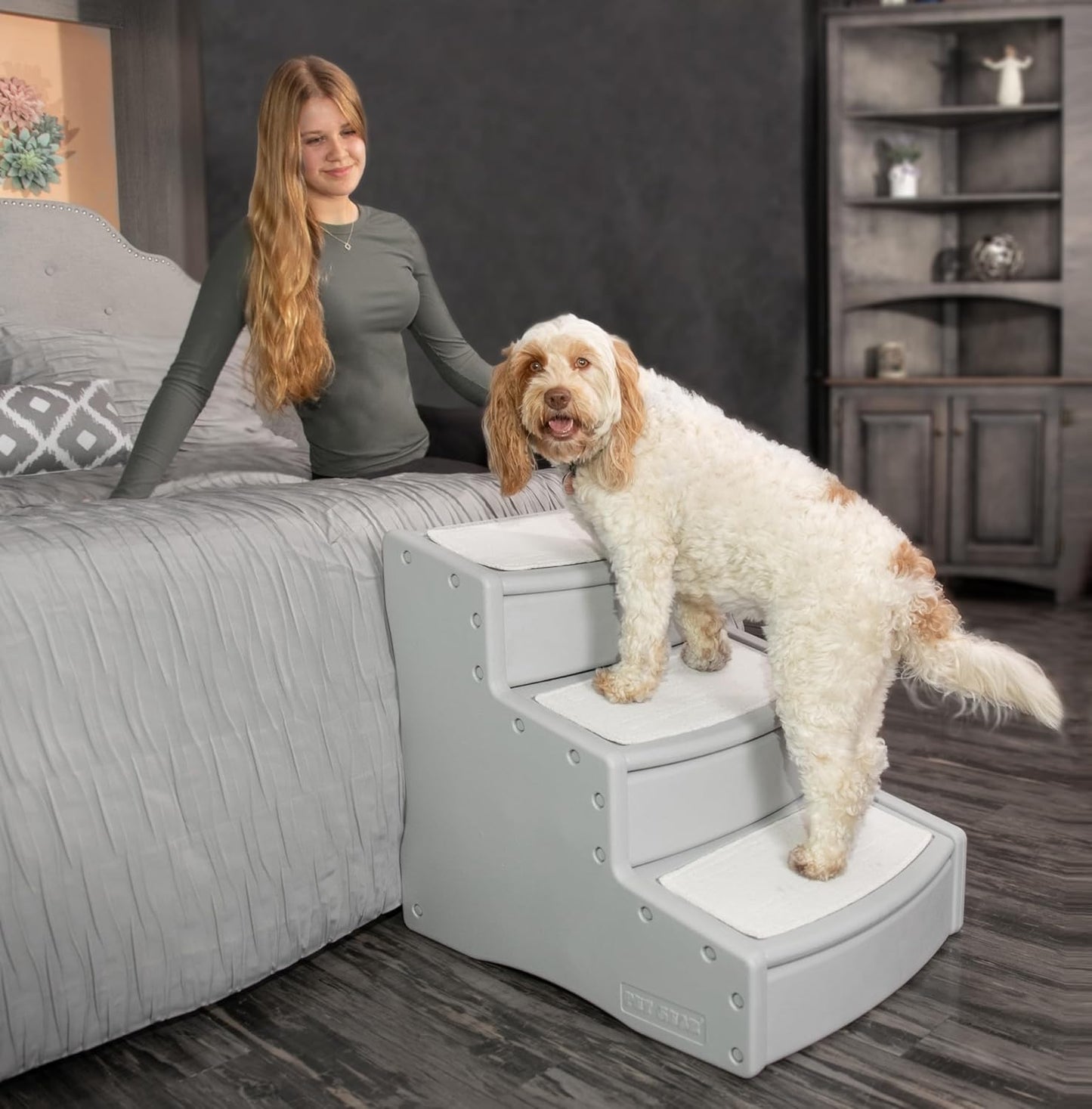 Pet Gear Easy Step III Extra Wide Pet Stairs, 3 Step for Dogs/Cats up to 200 pounds, Removable/Washable Carpet, Easy Assembly (No Tools Required), Sea Salt