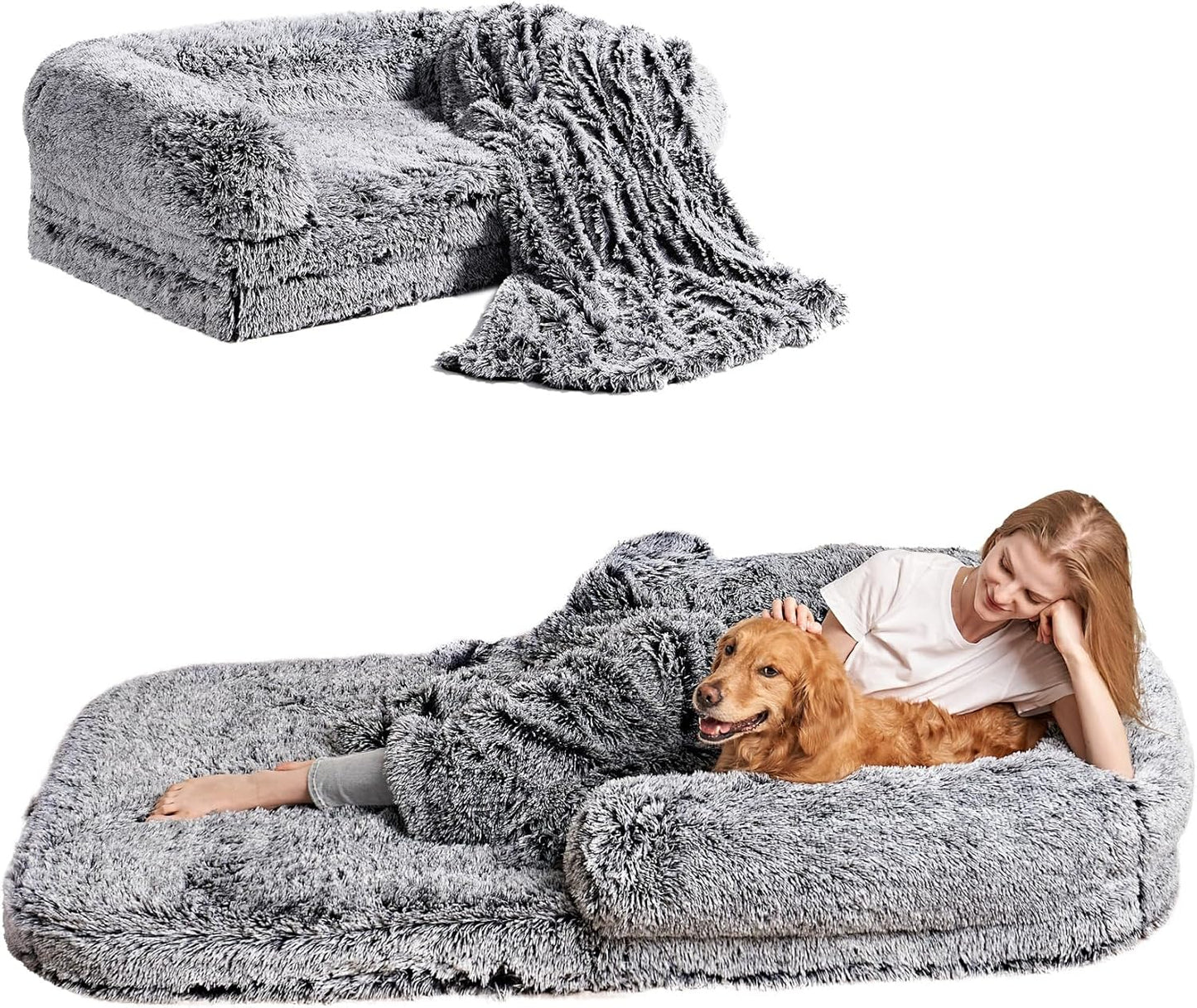 EHEYCIGA Foldable XXL Dog Bed for Large Sized Dog, 54"x38"x7.5" Faux Fur Fluffy Pet Couch Bed, Orthopedic Calming Memory Foam Big Pet Bed, Washable Pet Sofa Bed with Non-Slip Bottom, Dark Grey