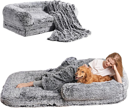 EHEYCIGA Foldable XXL Dog Bed for Large Sized Dog, 54"x38"x7.5" Faux Fur Fluffy Pet Couch Bed, Orthopedic Calming Memory Foam Big Pet Bed, Washable Pet Sofa Bed with Non-Slip Bottom, Dark Grey