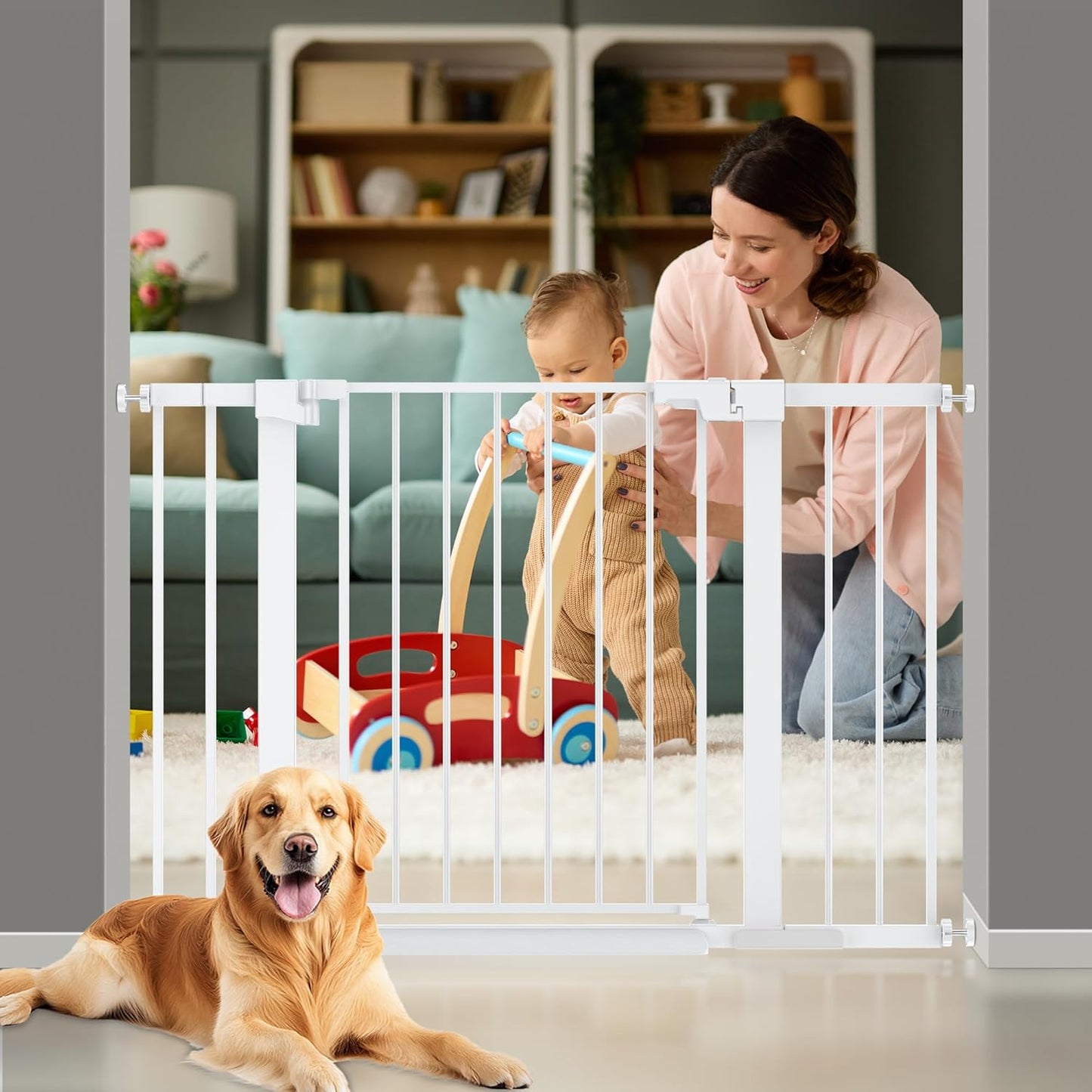 29-42 inches Metal Baby Gate for Stairs/Doorways, 30 inches Tall Pressure Mounted Pet Gates, Auto-Close Child Safety Gate, No Drilling Easy Walk-Through Dog Gate Indoor, Black