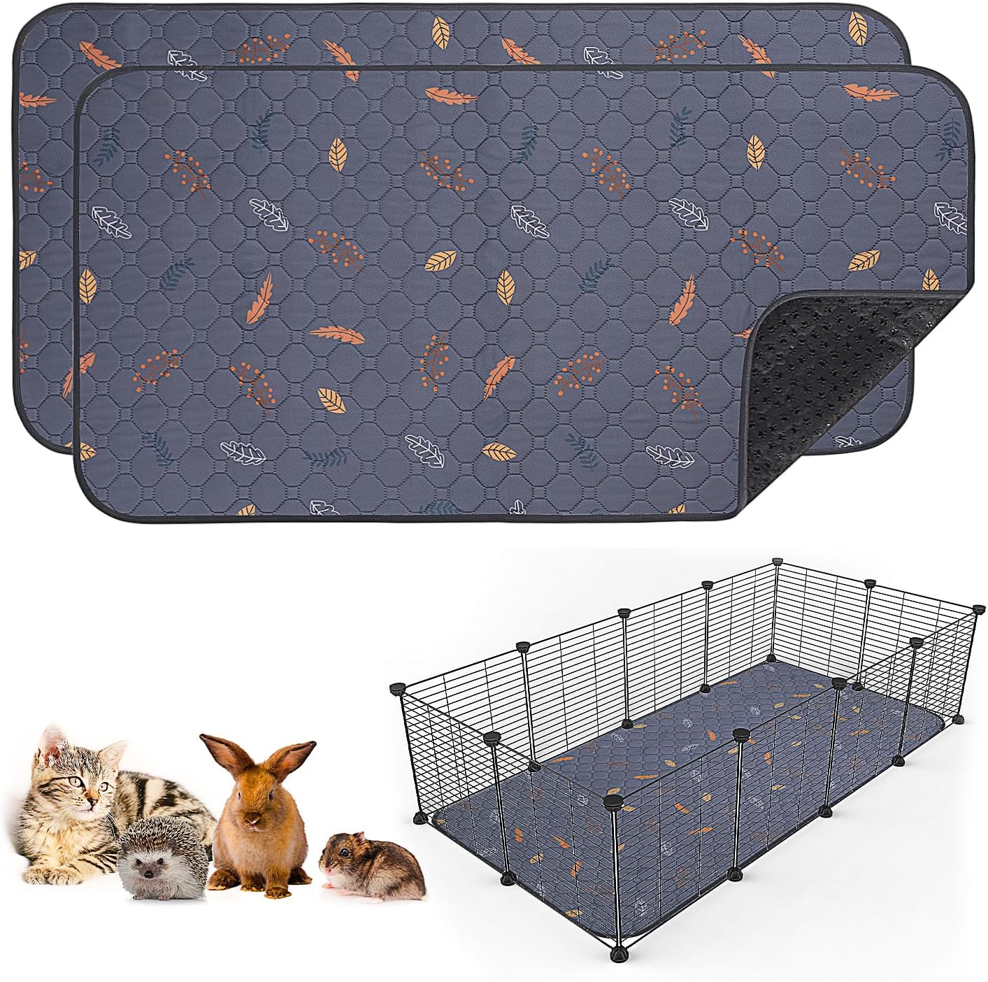 Sunheir Washable Pee Pads for Dogs Large 48" x 48" 2-Pack Reusable Puppy Pads Pet Training Pads, Absorb Dog Mats, Whelping Pad, Non-Slip Protects Against Urine Leakage (Leaves - Deep Grey, 48x48)